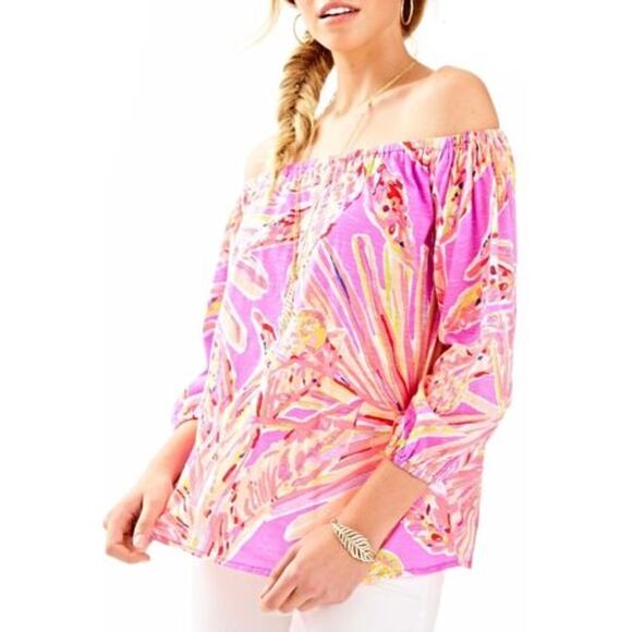 Lilly Pulitzer XSmall Pink Purple Enna Off The Shoulder Top Amethyst Sunseekers - Picture 11 of 11